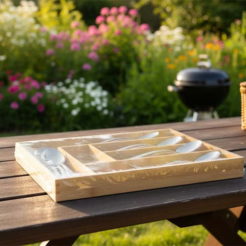 Large Bamboo Cutlery Tray | Premium 6-Slot Wooden Flatware Organizer for Deep Kitchen Drawers