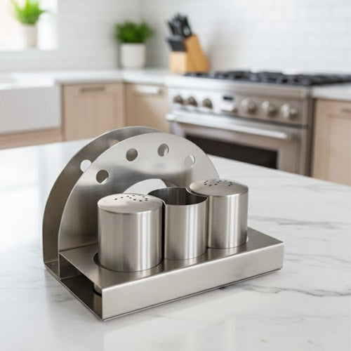 Modern Stainless Steel Salt & Pepper, Tooth Pick Holder and Napkin Caddy
