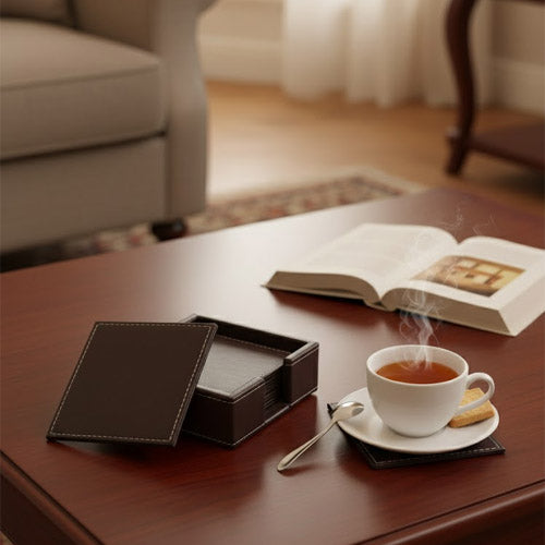 Luxury Artificial Leather Coaster Set (6-Pack) | Square PU Leather Drink Coasters with Storage Holder