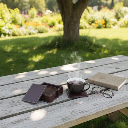 Luxury Artificial Leather Coaster Set (6-Pack) | Square PU Leather Drink Coasters with Storage Holder