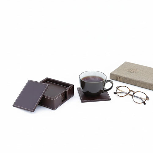 Luxury Artificial Leather Coaster Set (6-Pack) | Square PU Leather Drink Coasters with Storage Holder
