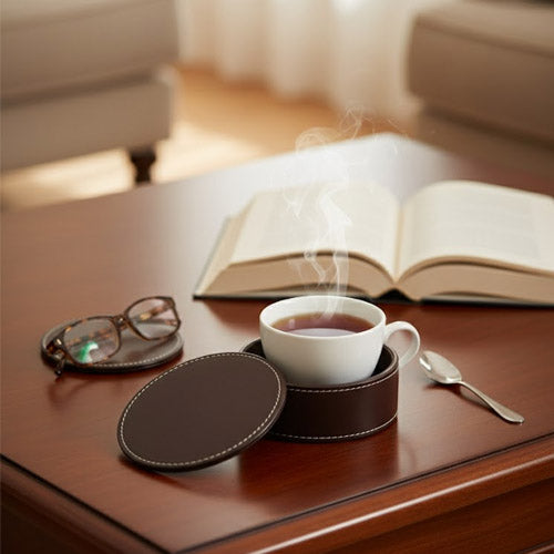 Round PU Leather Coaster Set (6-Pack) | Artificial Leather Drink Coasters with Storage Holder