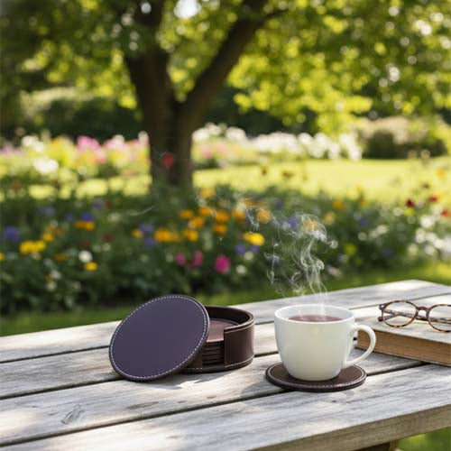 Round PU Leather Coaster Set (6-Pack) | Artificial Leather Drink Coasters with Storage Holder