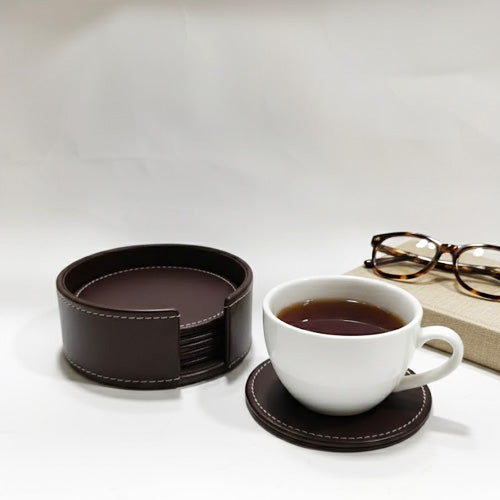 Round PU Leather Coaster Set (6-Pack) | Artificial Leather Drink Coasters with Storage Holder
