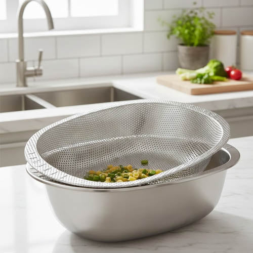 Premium Oval Stainless Steel Drainer Basket & Bowl Set | Perforated Colander for Pasta, Rice & Veggies | Kitchen Washing Strainer