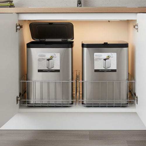 Homeatic 7 Liter Slim Stainless Steel Pull-Out Trash Can | Under-Cabinet Slide-Out Waste Bin with Lid - Space Saver