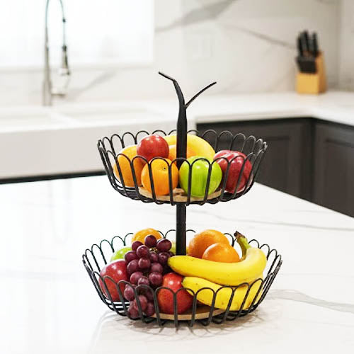 2-Tier Metal Wire Fruit Basket with Wooden Base | Farmhouse Countertop Produce Storage Stand
