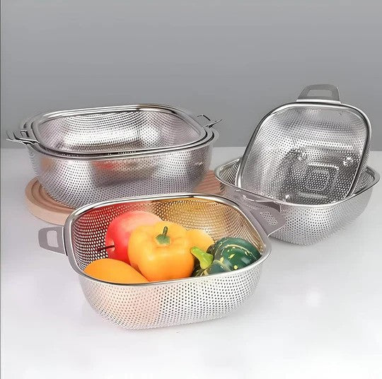 Stainless Steel Square Colander Set Perforated Strainer Baskets with Handles