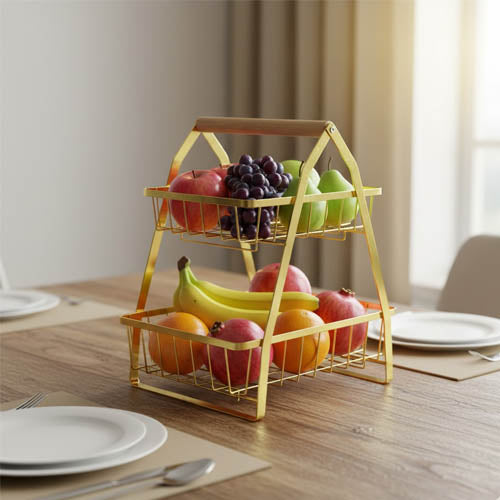 Modern 2-Tier Gold Wire Fruit Basket with Wooden Handle