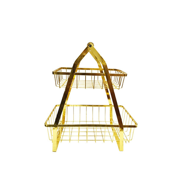 Modern 2-Tier Gold Wire Fruit Basket with Wooden Handle