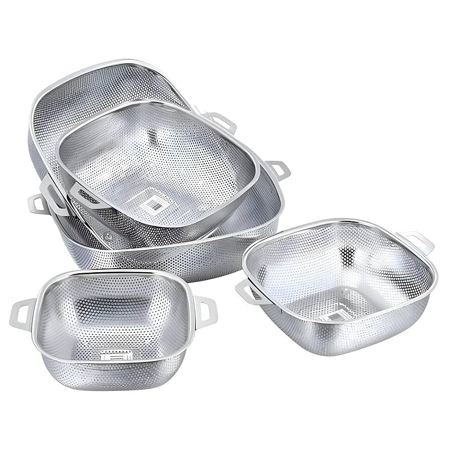 Stainless Steel Square Colander Set Perforated Strainer Baskets with Handles