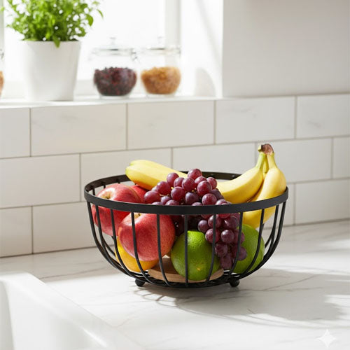 Modern Black Wire Fruit Bowl with Wooden Base