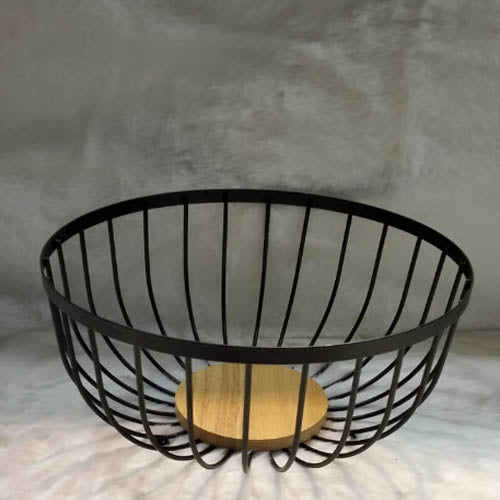 Modern Black Wire Fruit Bowl with Wooden Base