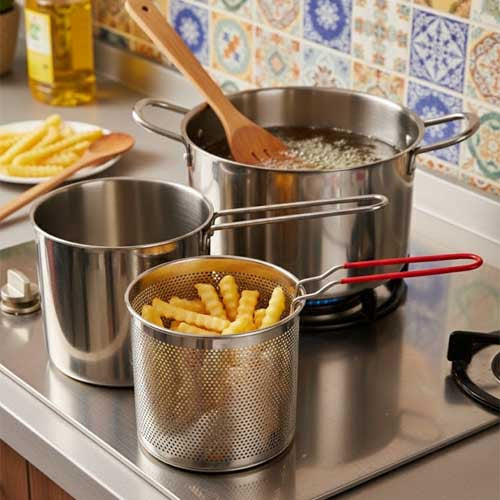 Heavy-Duty Stainless Steel Fryer Basket & Pot Set | Single-Serve Deep Fryer & Blanching Strainer with Perforated Holes