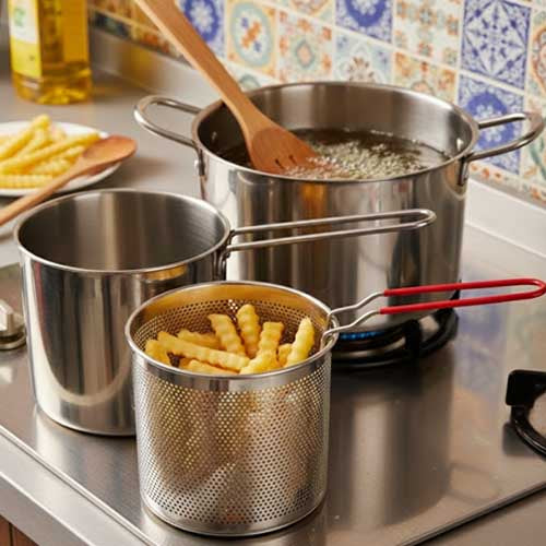Heavy-Duty Stainless Steel Fryer Basket & Pot Set | Single-Serve Deep Fryer & Blanching Strainer with Perforated Holes