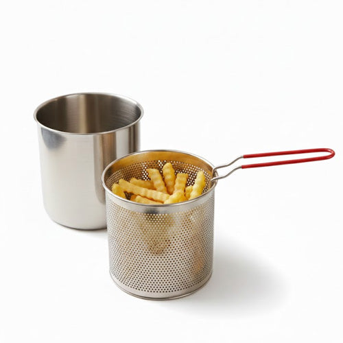 Heavy-Duty Stainless Steel Fryer Basket & Pot Set | Single-Serve Deep Fryer & Blanching Strainer with Perforated Holes