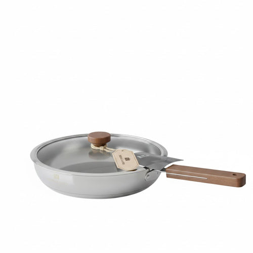Luxury Heavy Stainless Steel Frypan with Glass Lid 24cm | Induction Ready Frying Pan with Wood-Grain Handle