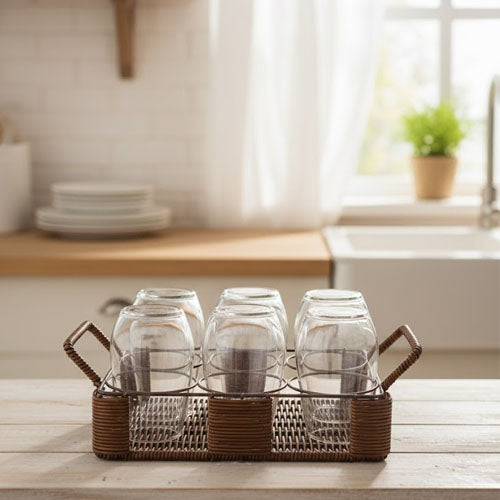 Hand-Woven Rattan and Metal Glass Stand Carrier