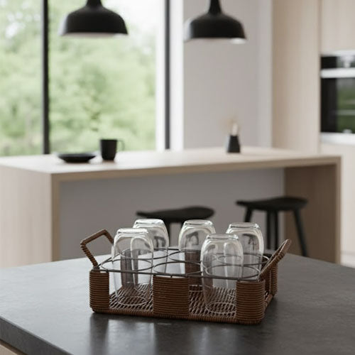 Hand-Woven Rattan and Metal Glass Stand Carrier