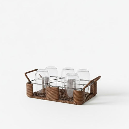 Hand-Woven Rattan and Metal Glass Stand Carrier