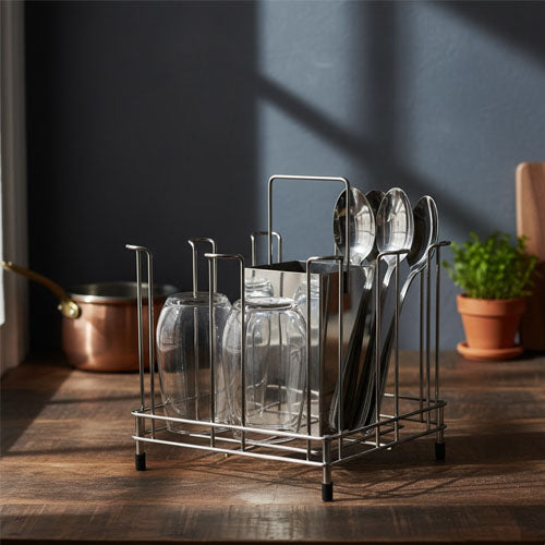 Stainless Steel Glass and Cutlery Stand & Drying Rack