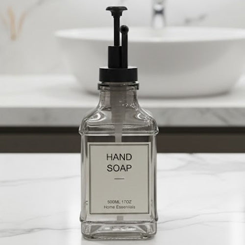 Modern Clear Glass Soap Dispenser with Black Pump - 500ml / 17oz Refillable Square Hand Soap Bottle for Kitchen & Bathroom Vanity