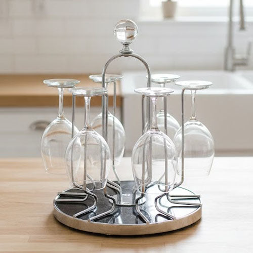 Silver Finish 6-Glass Stemware Drying & Display Rack - Choose from Crystal, Deer Head, or Minimalist Handle Designs