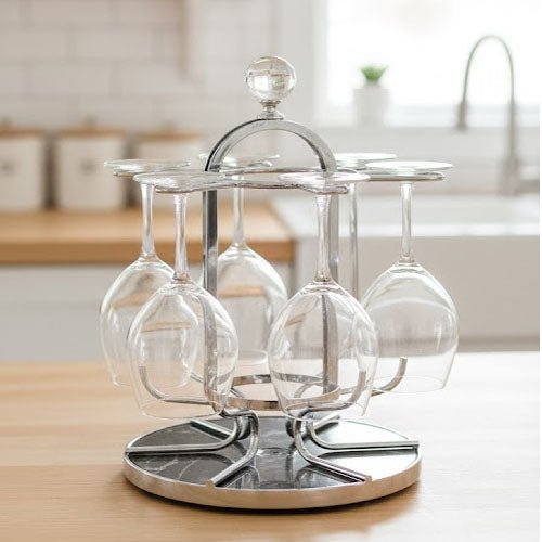 Luxury Gold/Silver Stemware Drying & Display Rack with Crystal Finial - 6-Glass Capacity