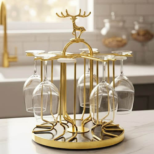 Regal Deer Stag Head Stemware Rack - Gold or Silver Metal - 6-Glass Countertop Display