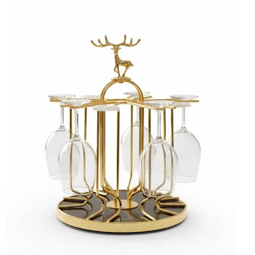 Regal Deer Stag Head Stemware Rack - Gold or Silver Metal - 6-Glass Countertop Display