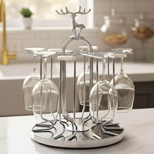 Regal Deer Stag Head Stemware Rack - Gold or Silver Metal - 6-Glass Countertop Display