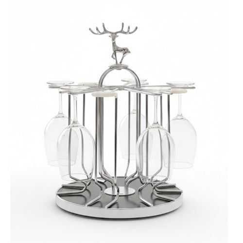 Regal Deer Stag Head Stemware Rack - Gold or Silver Metal - 6-Glass Countertop Display