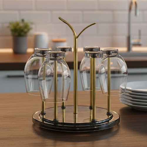 Luxury Gold Revolving Glass Drying & Display Stand | Modern Countertop Wine Glass Holder Rack (6-Glass Capacity)