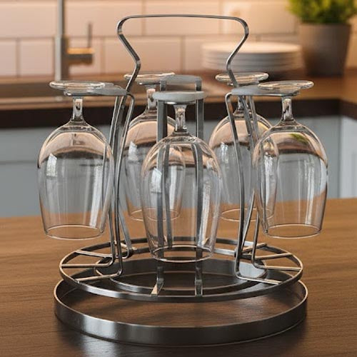Chrome Finish 6-Glass Stemware Drying Rack - Freestanding Metal Countertop Display