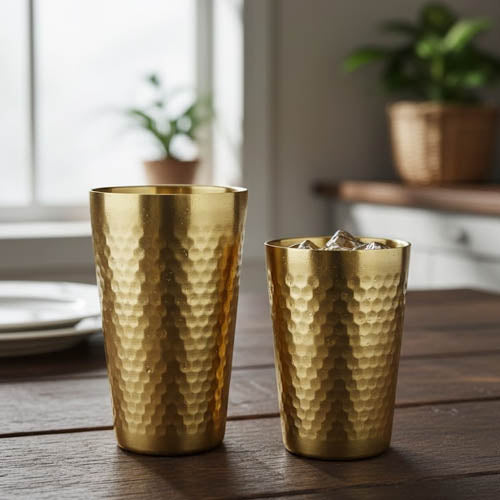 Luxury Gold Hammered Drinkware Set | Modern Stainless Steel Tumblers | Copper Tone Water Glasses & Cocktail Cups