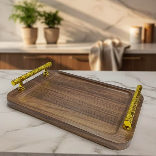 Set of 3 Rectangular Walnut Wood Serving Trays with Gold Handles