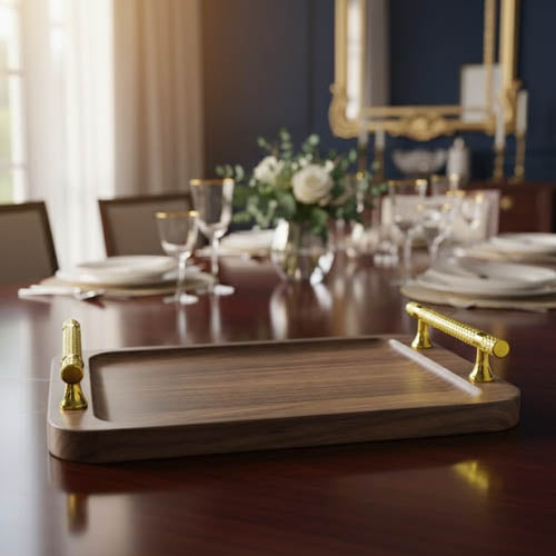 Set of 3 Rectangular Walnut Wood Serving Trays with Gold Handles