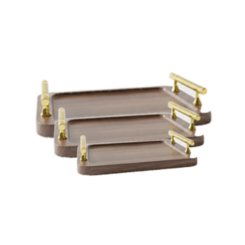 Set of 3 Rectangular Walnut Wood Serving Trays with Gold Handles