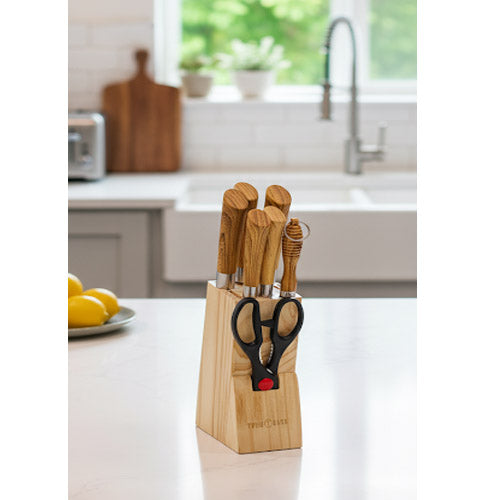 Modern 6-Piece Chef Knife Set with Black Speckled Handles and Natural Wood Block