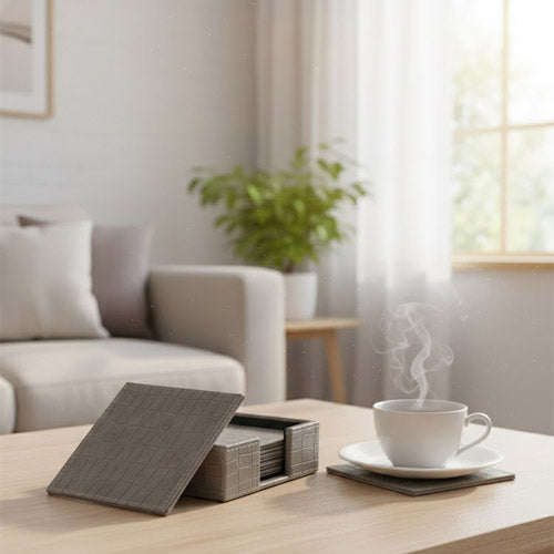 Luxury Artificial Leather Coaster Set (6-Pack) | Square PU Leather Drink Coasters with Storage Holder