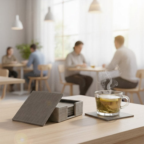 Luxury Artificial Leather Coaster Set (6-Pack) | Square PU Leather Drink Coasters with Storage Holder