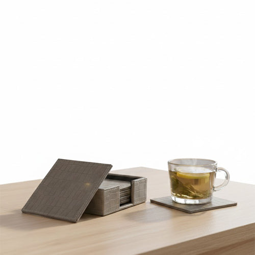 Luxury Artificial Leather Coaster Set (6-Pack) | Square PU Leather Drink Coasters with Storage Holder