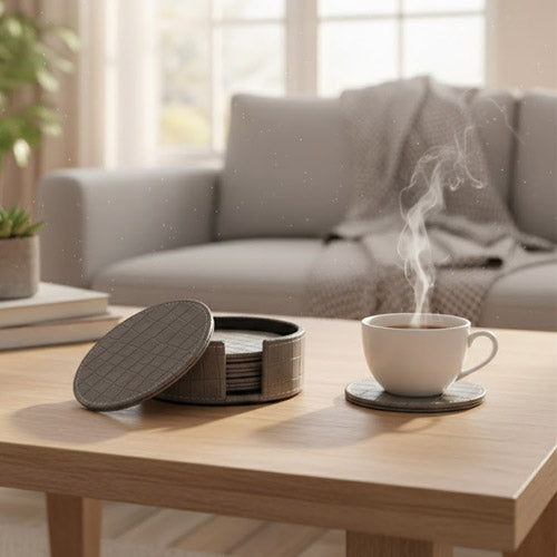 Round PU Leather Coaster Set (6-Pack) | Artificial Leather Drink Coasters with Storage Holder