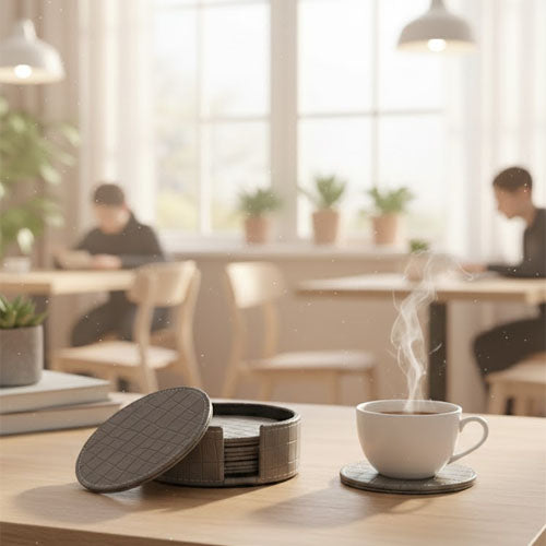 Round PU Leather Coaster Set (6-Pack) | Artificial Leather Drink Coasters with Storage Holder