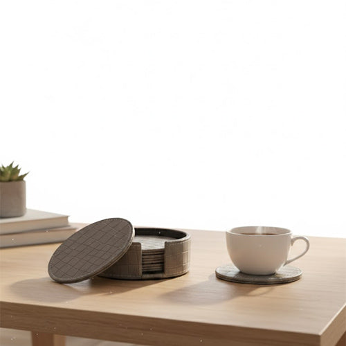 Round PU Leather Coaster Set (6-Pack) | Artificial Leather Drink Coasters with Storage Holder