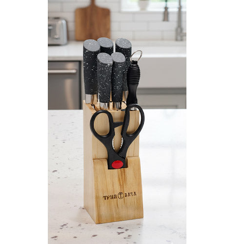 Modern 6-Piece Chef Knife Set with Black Speckled Handles and Natural Wood Block