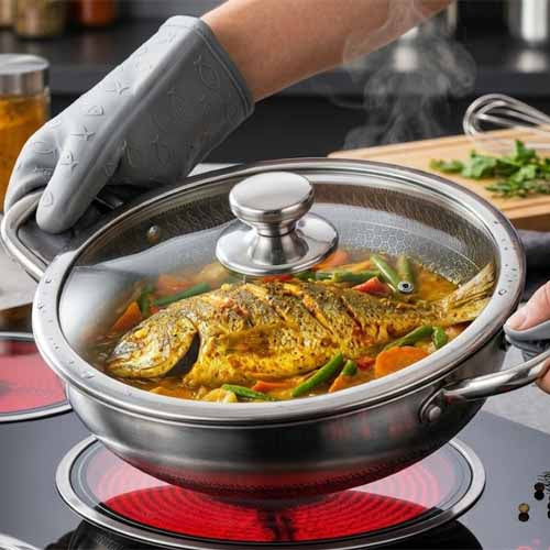 Fish Pot Honeycomb with Lid Premium Tri-Ply Stainless Steel Cooking Pot