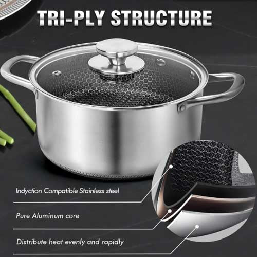 Premium Tri-Ply Stainless Steel Honeycomb Cooking Pot with Glass Lid