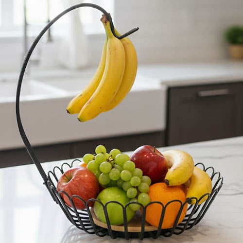 Modern Metal Fruit Basket with Banana Hanger Hook | Countertop Fruit Bowl & Produce Holder