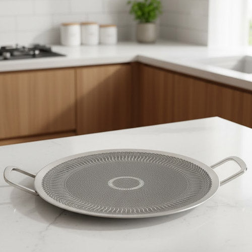 Large Flat Tawa with Etched Honeycomb Texture and Steel Handles